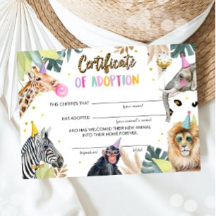 Adoption Certificate Safari Party Animals Birthday Invitation