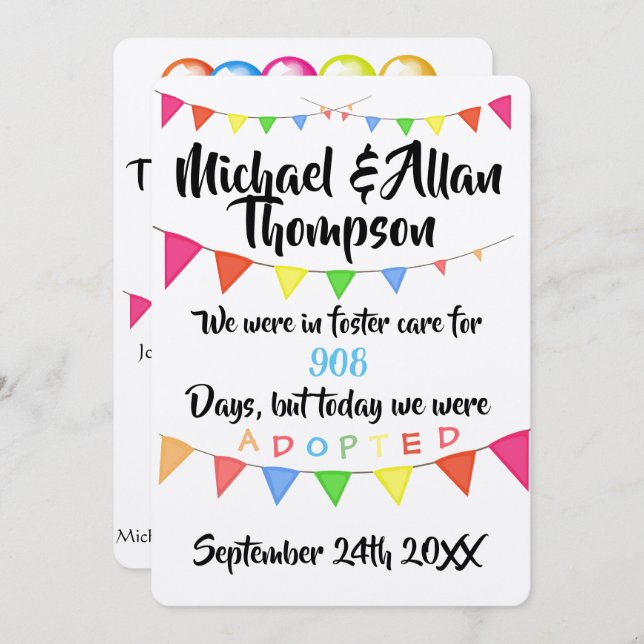 Adoption From Foster Care Announcment- Party Invitation (Front/Back)