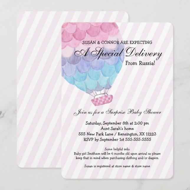 Adoption Girl Baby Shower, pink hot air balloon Invitation (Front/Back)