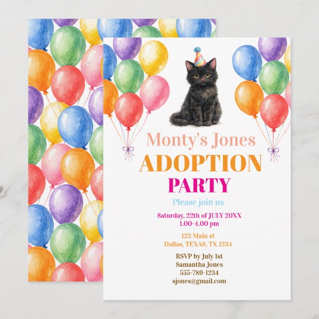 Adoption Party Gotcha day Black Cat Pet Invitation (Front/Back)