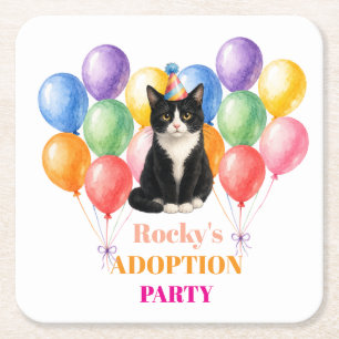 Adoption Party Gotcha day Tuxedo Cat Pet Square Paper Coaster