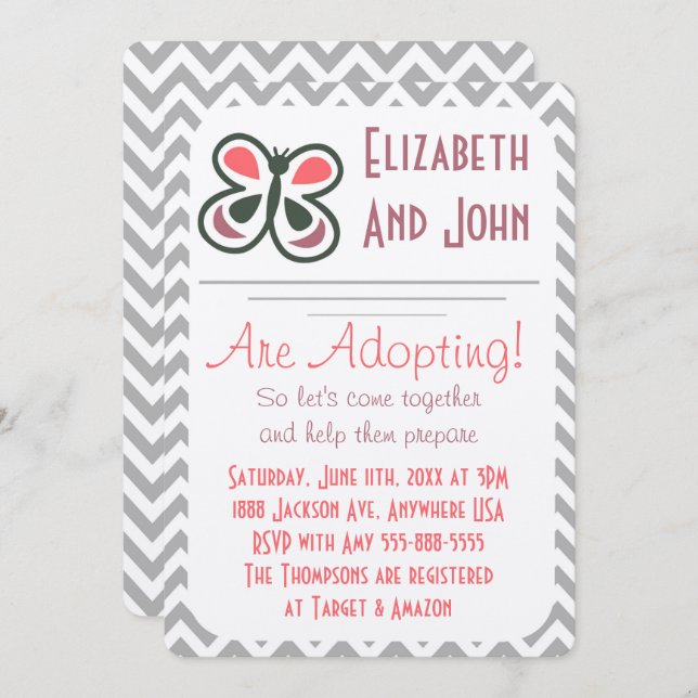 Adoption Shower Modern Pink Chevron Butterfly Invitation (Front/Back)