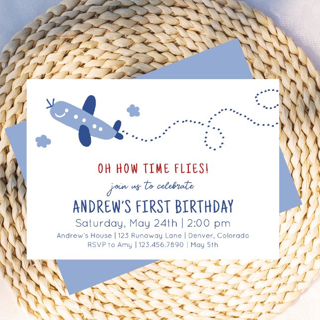 Adorable Aeroplane How Time Flies First Birthday Invitation (Creator Uploaded)
