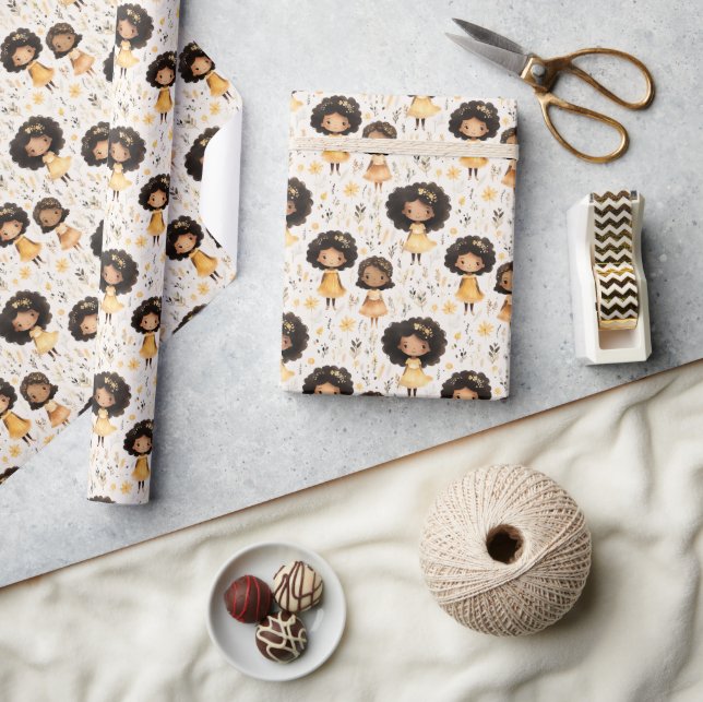 Adorable African American Girl with Golden Flowers Wrapping Paper (Crafts)