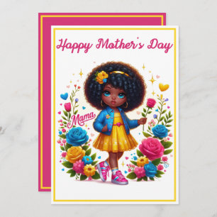 Adorable Afro Girl Yellow/Pink Flower Mother's Day Holiday Card