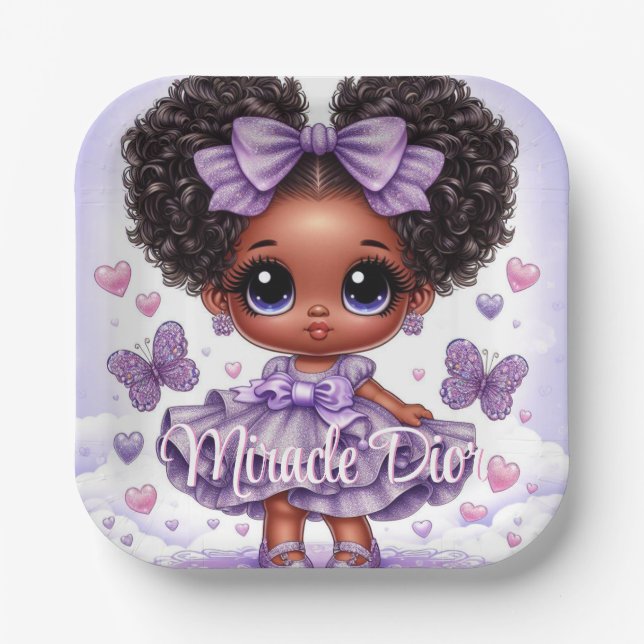 Adorable Afro Puff Baby Girl Pastel Purple Paper Plate (Front)
