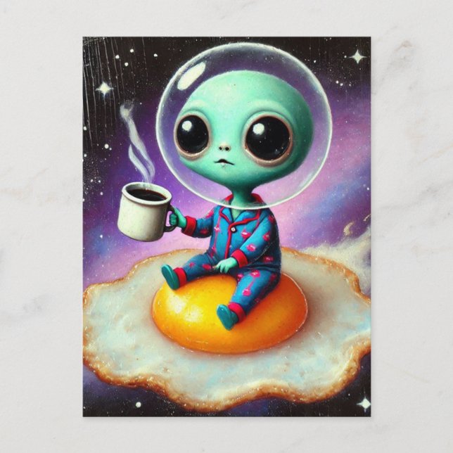 Adorable Alien Floating Egg in Space With Coffee Postcard (Front)