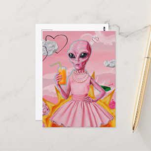 Adorable Alien Lady in Pink With Orange Juice Postcard