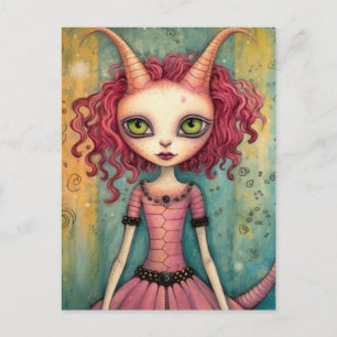 Adorable Alien Lady Mixed Media Collage Postcard