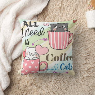 Adorable All I Need is Coffee and Cats Themed Cushion