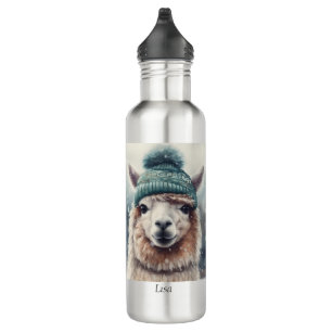 Adorable alpaca wearing blue beanie customisable 710 ml water bottle