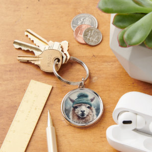 Adorable alpaca wearing blue beanie customisable  key ring