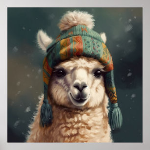 Adorable alpaca wearing cute Bolivian beanie Poster