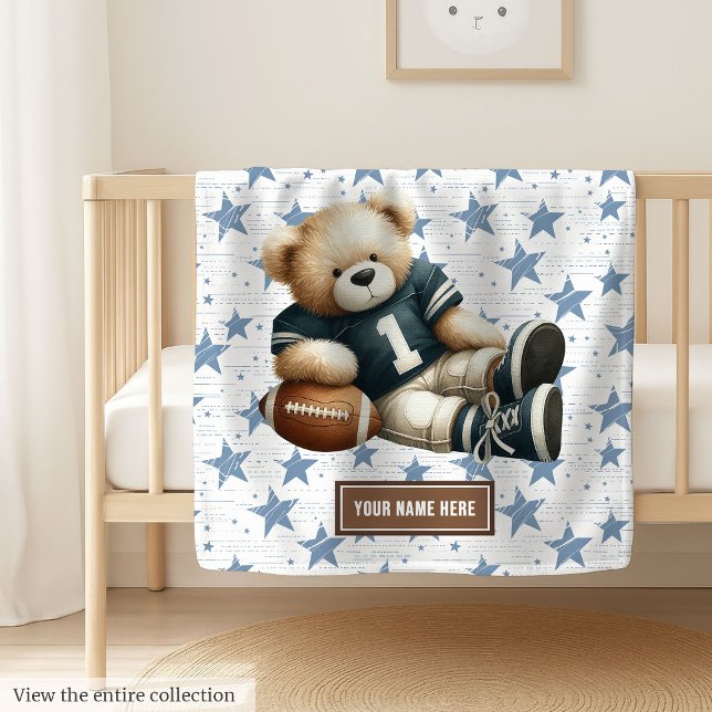 Adorable American Football Teddy Bear Personalised Fleece Blanket (Personalized American football teddy bear blanket, unique and perfect boy birthday gift choice.)
