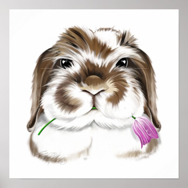 Adorable American Fuzzy Lop Rabbit with pink Tulip Poster (Front)