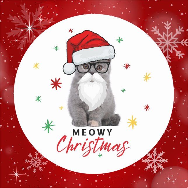 Adorable and Cute Santa Kitten Meowy Christmas Classic Round Sticker (Available in different sizes. Goes great on Christmas gifts, cards and many other items.)