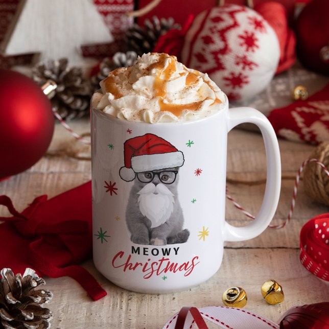 Adorable and Cute Santa Kitten Meowy Christmas Coffee Mug (Shown in 15oz size. Available in multiple mug types and capacities.)