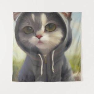 Adorable and Sweet Kitten Wearing a Hoodie Tapestry