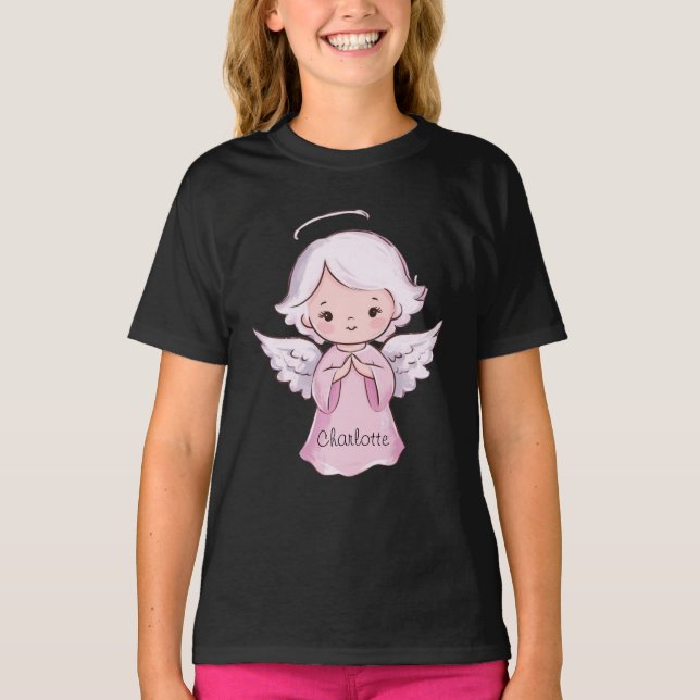 Adorable Angel Girly Black Name T-Shirt (Front)
