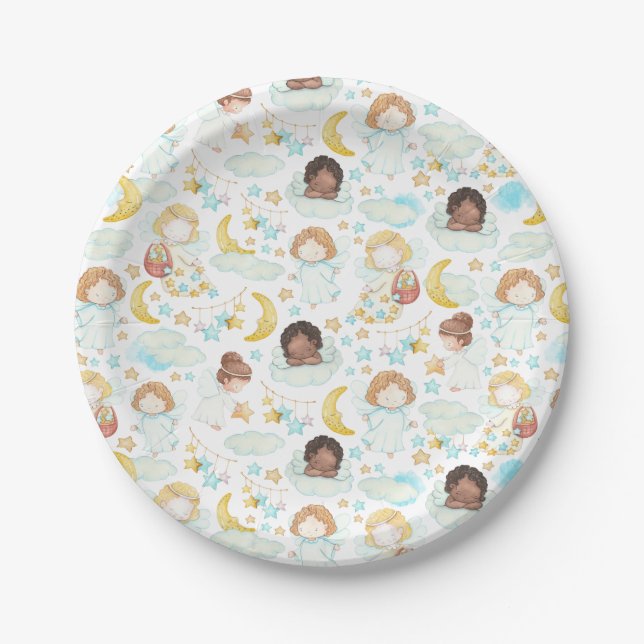 Adorable Angels and Stars Watercolor Art Paper Plate (Front)