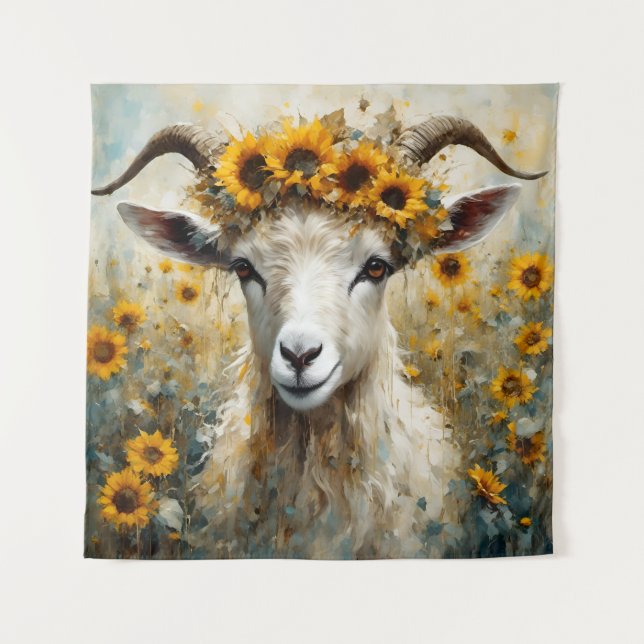 Adorable Angora Goat in the Sunflower Fields Tapestry (Front)