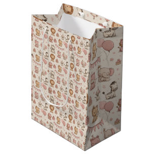 Adorable Animal Birthday, Pink & Beige  Medium Gift Bag
