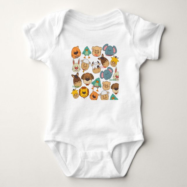 Adorable animal farm elephant rabbits cows white baby bodysuit (Front)