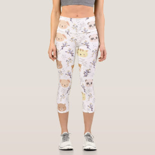 Adorable Animal Head And Floral Pattern Capri Leggings