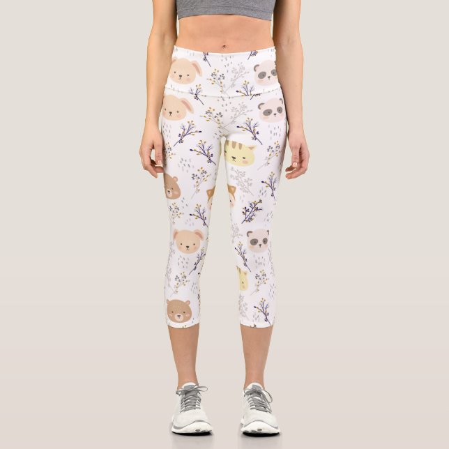 Adorable Animal Head And Floral Pattern Capri Leggings (Front)