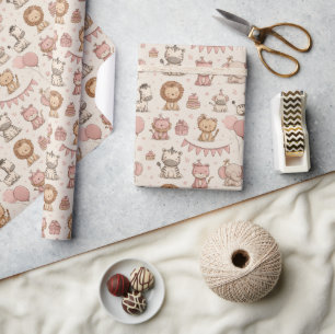 Adorable Animal Party Pattern – Pink & Beige Wrapping Paper