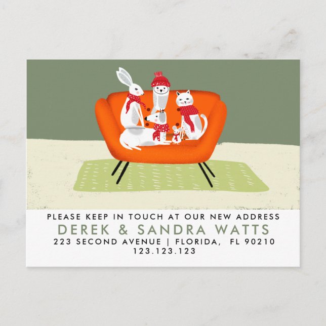 Adorable Animals We've Moved, Dogs, cat, owl, Announcement Postcard (Front)