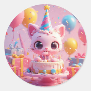 Adorable Animated Cat Celebrating a Birthday Party Classic Round Sticker
