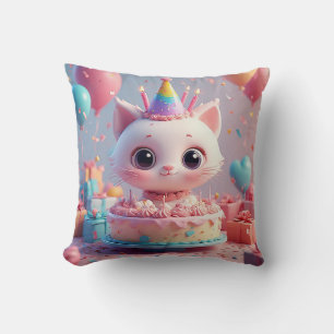 Adorable Animated Cat Celebrating a Birthday Party Cushion