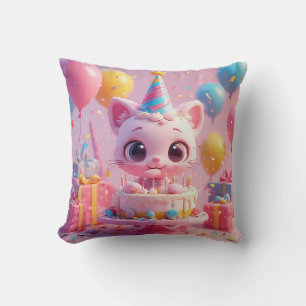 Adorable Animated Cat Celebrating a Birthday Party Cushion