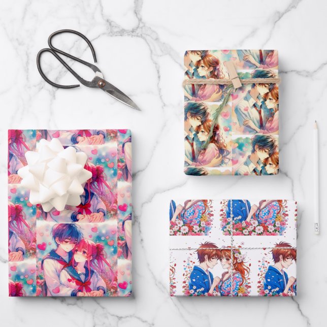 Adorable Anime Boy and Girl Red Hearts Wrapping Paper Sheet (Front)