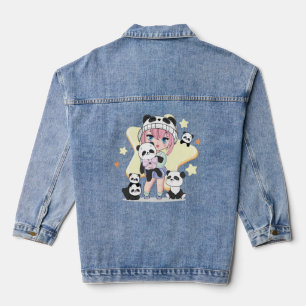Adorable Anime Girl Surrounded by Panda Toys Denim Jacket