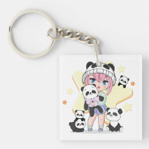 Adorable Anime Girl Surrounded by Panda Toys Key Ring