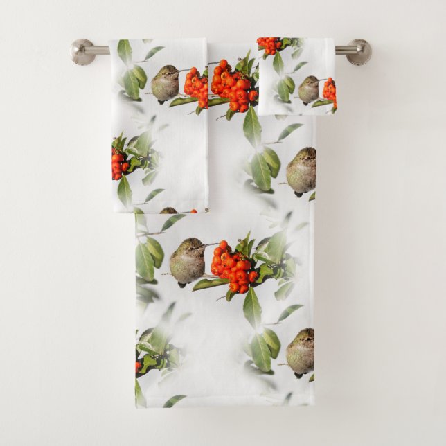 Adorable Anna's Hummingbird on Berry Bush Bath Towel Set (Insitu)