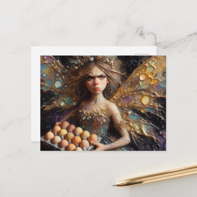 Adorable Annoyed Fairy With Eggs Postcard (Front/Back In Situ)