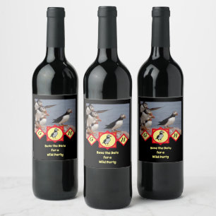 Adorable Atlantic Puffin Cartoon Monogram Photo Wine Label