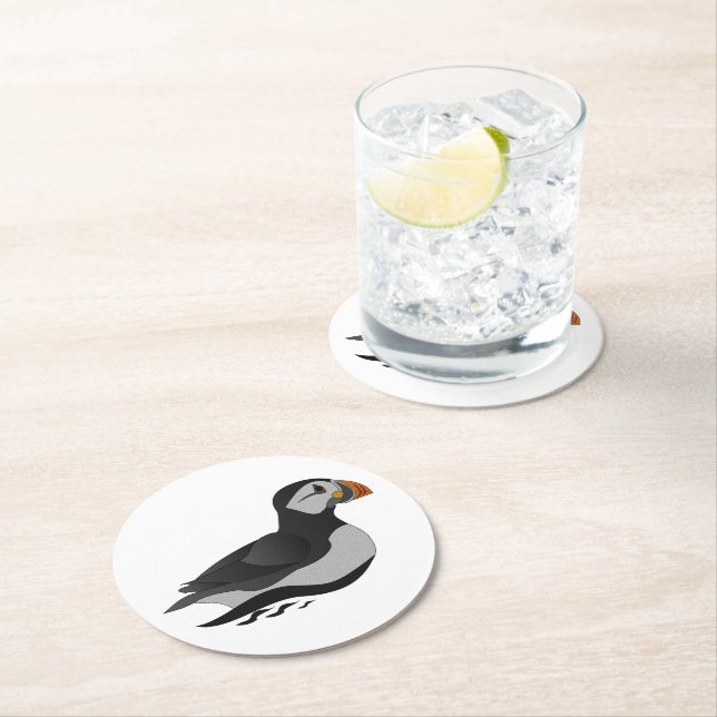 Adorable Atlantic Puffin Swimming Cartoon Round Paper Coaster (Insitu)