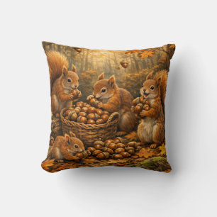 Adorable Autumn Squirrels Acorn Feast Cushion