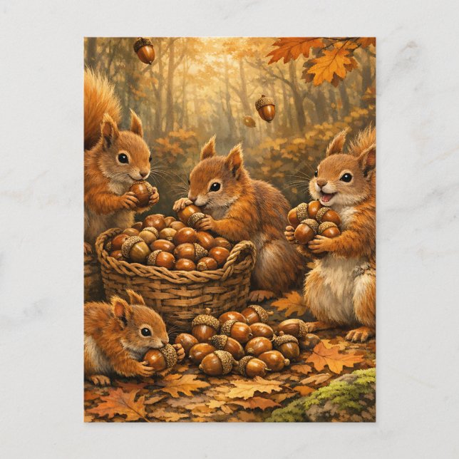 Adorable Autumn Squirrels Acorn Feast Postcard (Front)