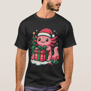 Adorable Axolotl Wearing a Santa Hat Holding a Chr T-Shirt