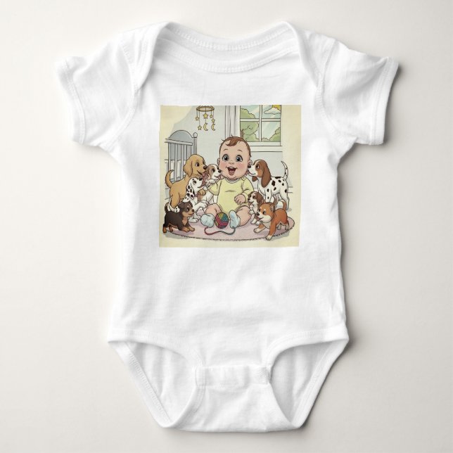 "Adorable Baby and Dogs Cartoon Baby  Baby Bodysuit (Front)