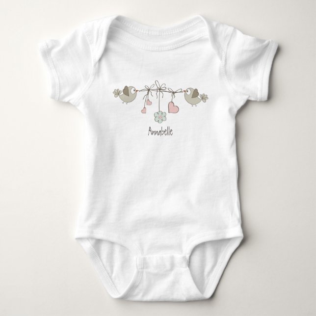 Adorable Baby Birds Hearts Name Bodysuit (Front)