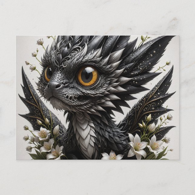 Adorable Baby Black Dragon White Flowers Postcard (Front)