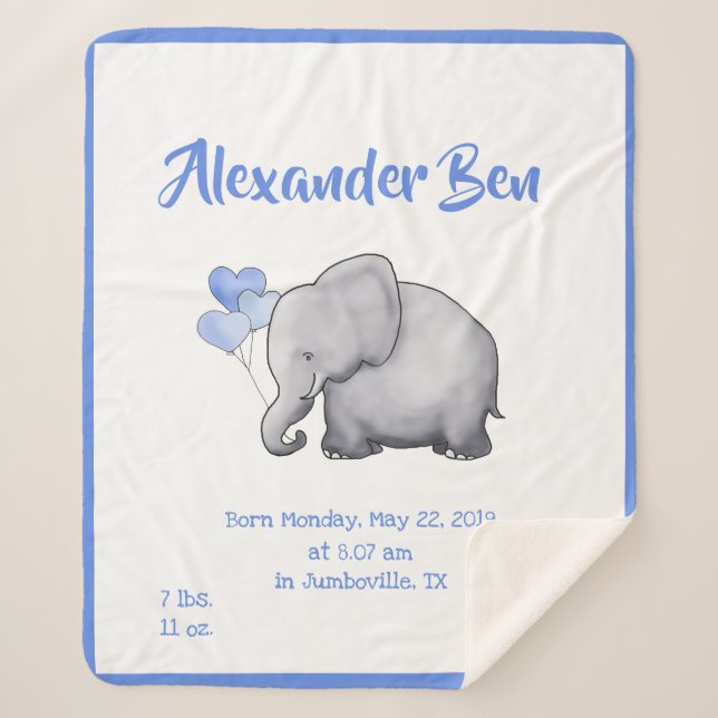 Adorable Baby Blue Birth Stats Nursery Elephant Sherpa Blanket (Front)