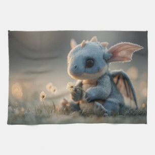 Adorable Baby Blue Dragon Holding a Daisy Tea Towel