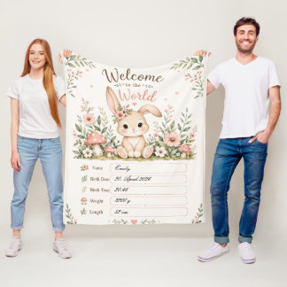 Adorable Baby Bunny Design with Birth Details Fiel Fleece Blanket